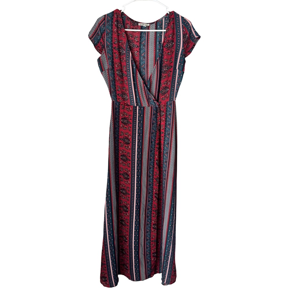 Charlotte Russe Red Teal Paisley Boho Maxi Dress Small Cap Sleeve Wrap Front